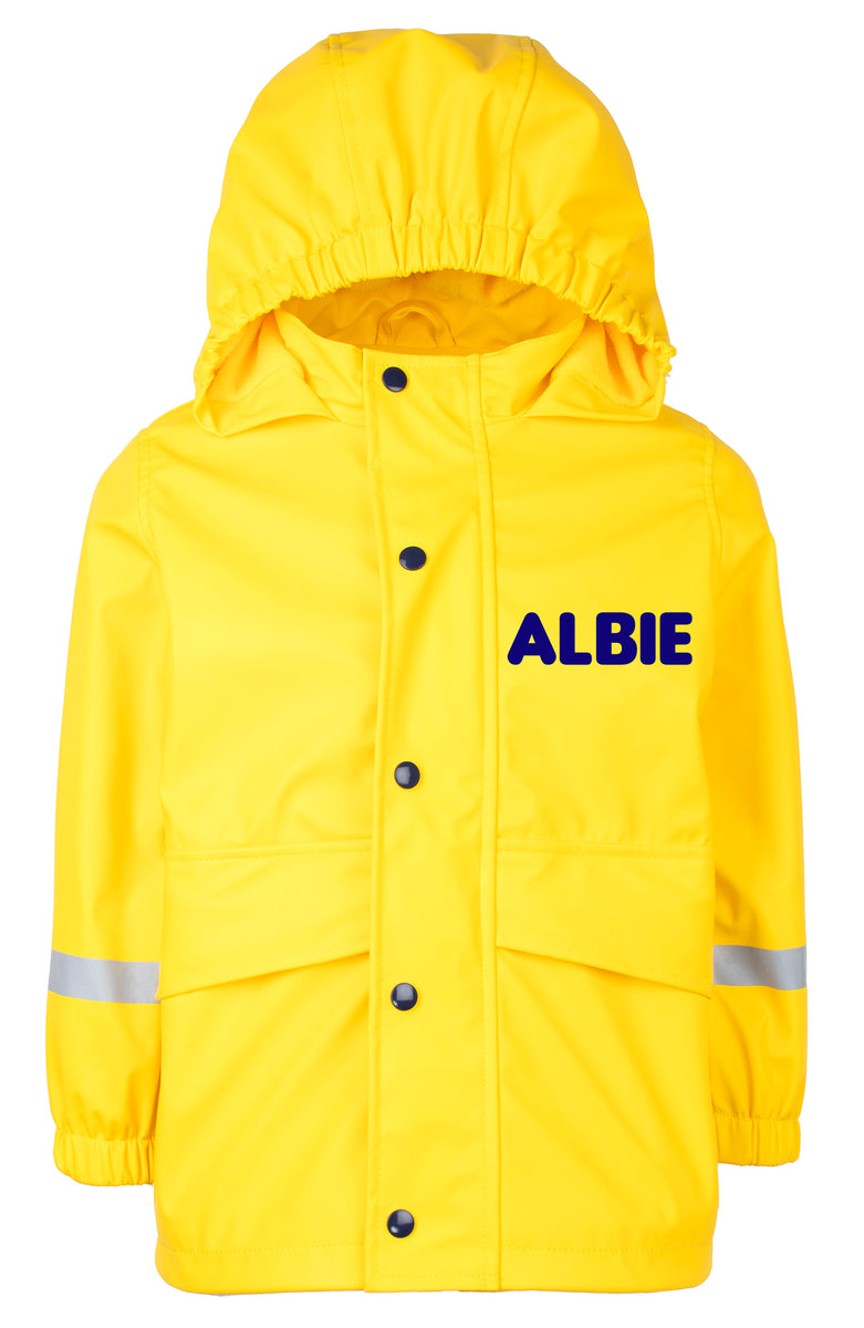 Kid in yellow deals raincoat's name in it