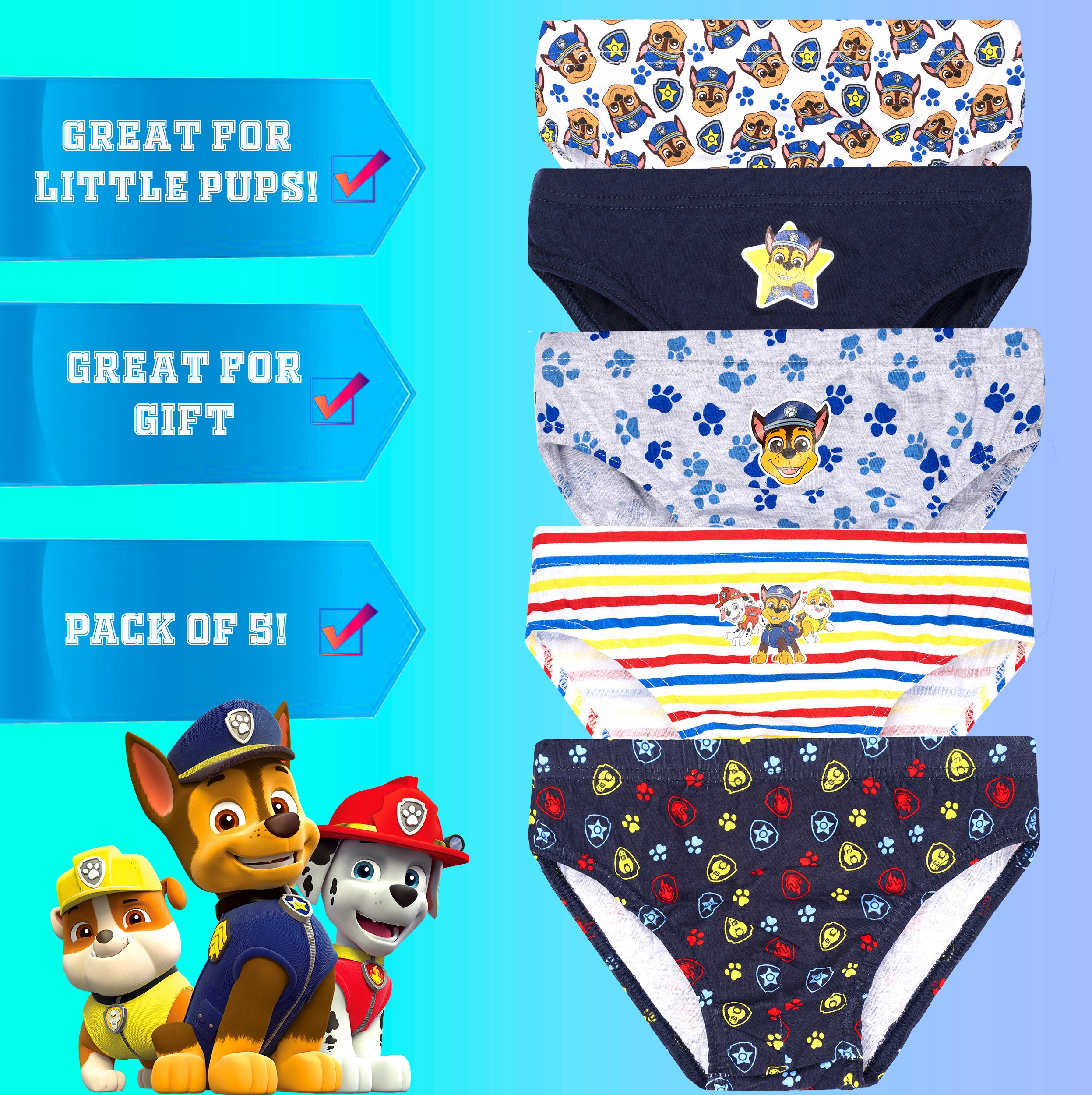 PAW PATROL Boys' Chase Marshall and Rubble Underwear Pack of 5 Multi Size  2T : : Clothing, Shoes & Accessories